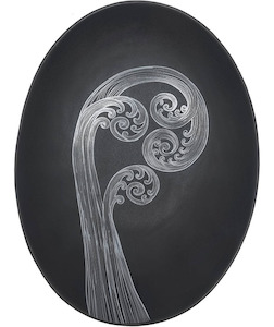 Large Oval Porcelain Bowl: ponga frond 2 white on charcoal