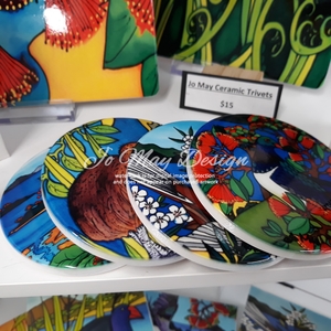 Products: Set of 4 ceramic coasters depicting NZ birds