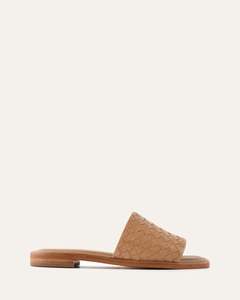 Flat Sandals: PEARL FLAT SLIDES TAN LEATHER