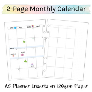 Loose Leaf A5 Planner Inserts 120gsm | Undated Monthly 2-Page Calendar