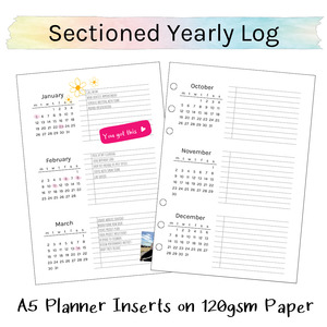 Loose Leaf A5 Planner Inserts 120gsm | 2026 Sectioned Yearly Log
