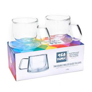 Home Decor: Two Double Walled Glass Tea Cups - Square Handle