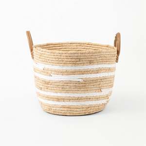 Natural Materials Bamboo Flax Reed Etc: White Stripe Natural Woven Basket with Leather Handle