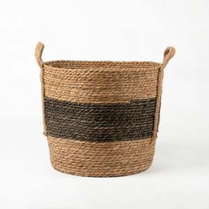 Natural Materials Bamboo Flax Reed Etc: Natural and Black Stripe Basket with Hemp Handles