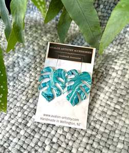 Blue Monstera Leaf Earrings