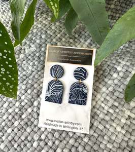 Leaf Pattern Navy Blue Arch Drop Earrings