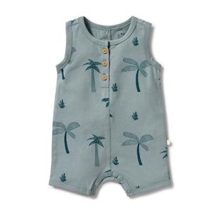 Clothing Toddler Playsuits Rompers: W&F Organic Henley Growsuit (Palm Days)