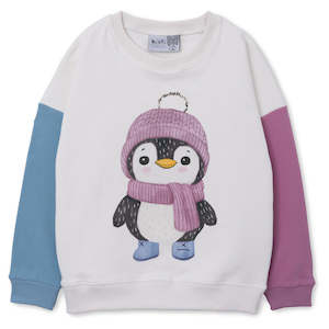 Clothing Girls Jumpers Sweats: Minti Cosy Penguin Furry Crew (Cream/Aqua/Plum)