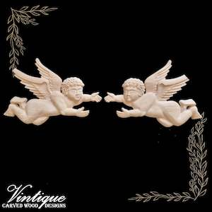 By Size 201mm To 300mm Small: Guardian Angels (pair) carved Wooden Applique left & right( 30cm x 20cm each angel)
