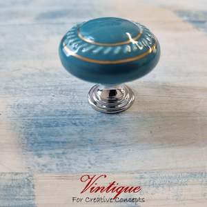 ITALIA Ceramic Cabinet Drawer Knob Blue with Gold inlay 35mm Dia