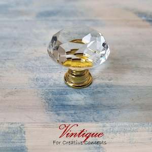 Crystal Glass Cabinet Drawer Knob CLEAR with GOLD Base 30mm Dia