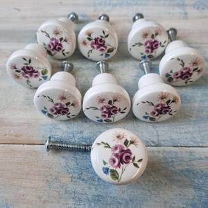 Vintage Knobs For Drawers And Cabinets: Recycled White Antique ceramic cabinet Knobs with brass bass (lot of 5 pieces) 38mm dia