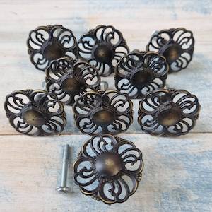 Antique ornate square cabinet knob bronze (lot of 7 pieces) 41mm dia pre loved