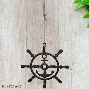 Jumbo Anchor & Ships wheel -Corten Rusty large hanging metal art 410mm dia