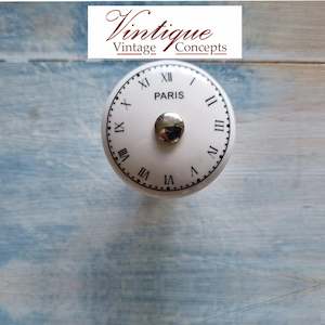 French Theme: White Ceramic furniture Knob Roman Numerals Clock Paris 35mm Dia