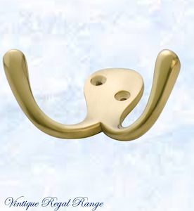 Vintage Coat Hooks: Polished Brass Double Prong Robe Hook 75mm wide
