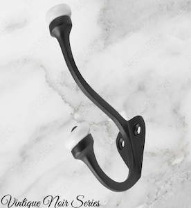 Vintage Coat Hooks: Matt Black Victorian Coat & Hat Hook W/Porcelian 115mm x 75mm