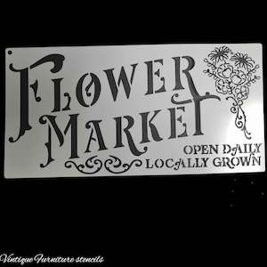 Country themed furniture paint stencil-FLOWER MARKET 300mm x 150mm