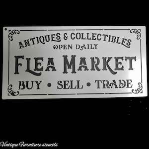 Country themed furniture paint stencil-Flea Market 300mm x 150mm