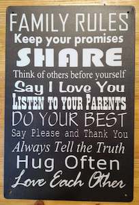 Vintiques Special Deals: FAMILY RULES ....lovely inspirational Tin Sign-30cm x 20cm *