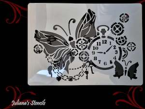 Butterflies & Clock furniture vintage painting stencil (A4 Size)