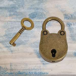 Vintage Metal Furniture Hardware Decorative Embelleshments: jewelry Box Padlock Antique Gold with Key 36mm x 21mm