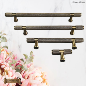 Vintage Metal Hardware: "Verona" Sovereign Knurled Antiqued Brass cabinet T-Bar Handles -10 Sizes