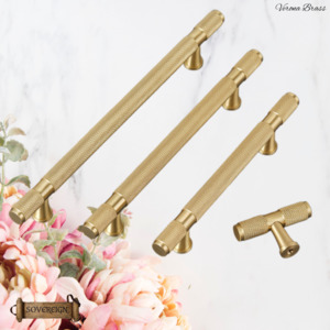 Vintage Metal Hardware: "Verona" Sovereign Knurled Brushed Brass cabinet T-Bar Handles -10 Sizes