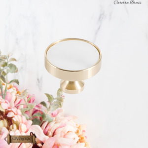 Vintage Metal Hardware: "Cararra"Sovereign Brass W/White inlay cabinet / Drawer Knob 37mm dia