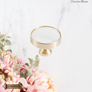 "Cararra"Sovereign Brass W/White inlay cabinet / Drawer Knob 32mm dia