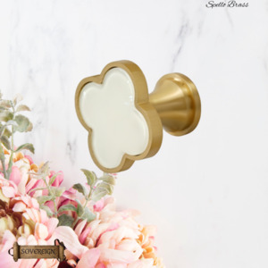 Vintage Metal Hardware: "Spello" Sovereign Brass Flower W/White inlay cabinet / Drawer Knob 33mm dia