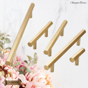 Vintage Metal Hardware: "Omegna" Sovereign Hexangonal Brushed Brass T-Bar cabinet/Drawer handle-9 Sizes