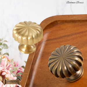 Vintage Knobs For Drawers And Cabinets: "Bedonia" Sovereign Ribbed Mushroom Brass cabinet / Drawer Knob 30mm dia