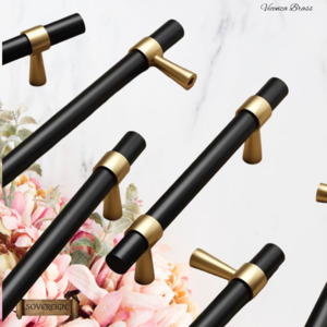 "Vicenza" Sovereign Black & Gold Brass cabinet T-Bar Handles -10 Sizes