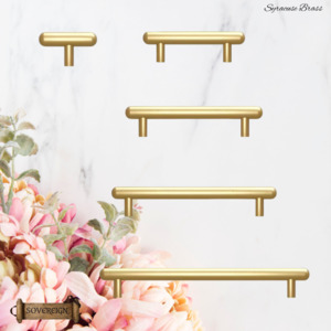 Vintage Metal Hardware: "Syracuse" Rounded Brushed Brass cabinet T-Bar Handles -5 sizes