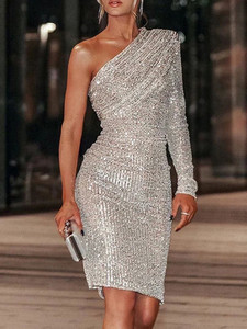 Slanted shoulder sexy fashion sequin ball dress just joy events