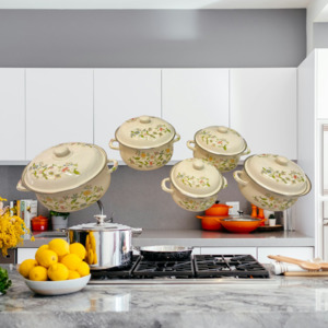 Kitchen: 5 Enamel Cooking Pots Set,