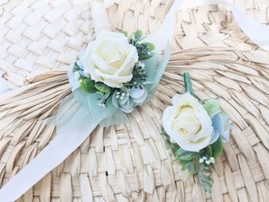 Products: HIS & HER’S SILK WRIST CORSAGE AND BUTTON HOLE BRIDGERTON PASTELS - Kamo Village Florist