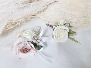 HIS & HER’S SILK WRIST CORSAGE AND BUTTON HOLE BLUSH PINK - Kamo Village Florist