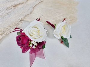 HIS & HER’S SILK WRIST CORSAGE AND BUTTON HOLE BURGUNDY TONES - Kamo Village Florist