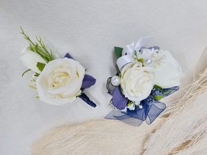HIS & HER’S SILK WRIST CORSAGE AND BUTTON HOLE WHITE AND NAVY - Kamo Village Florist