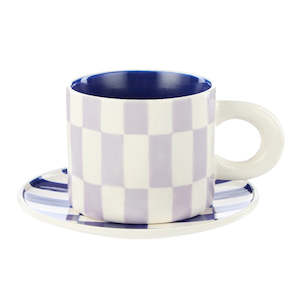 Check Mug & Plate Set Lilac & Navy