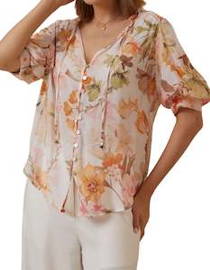 Meadow Short Sleeve Button Front Blouse in White Floral