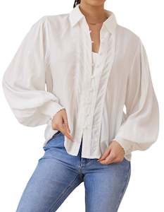 TOPS: Arlena Long Sleeve Button Front Blouse in White