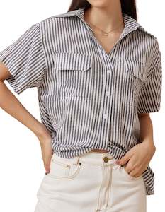 TOPS: Melia Scoop Front Short Sleeve Shirt in Grey Stripe