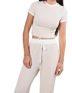 TOPS: Lumas Crew Neck Stretch Crop Top in Beige