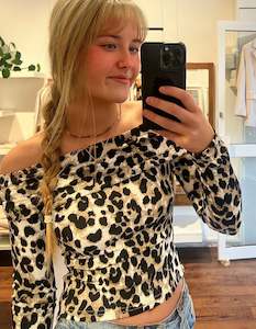 TOPS: Porto Off Shoulder Long Sleeve Fitted Top in Leopard Print