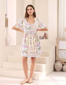 Sale Dresses: Jojo Button Front V Neck Dress in Multi Floral