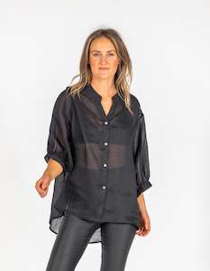 Black Friday Sale 2022: River Button Down Collarless Sheer Linen Shirt in Black