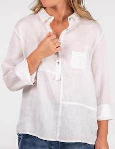 Ollie Shirt: Ollie Long Sleeve Half Button Shirt in White Linen